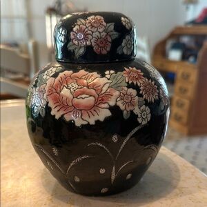 Floral Black Ceramic Jar